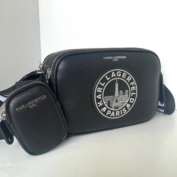 Karl Lagerfeld Maybelle Crossbody Black Ikons Eifel Airpods Coin Case Paris - Picture 3 of 9